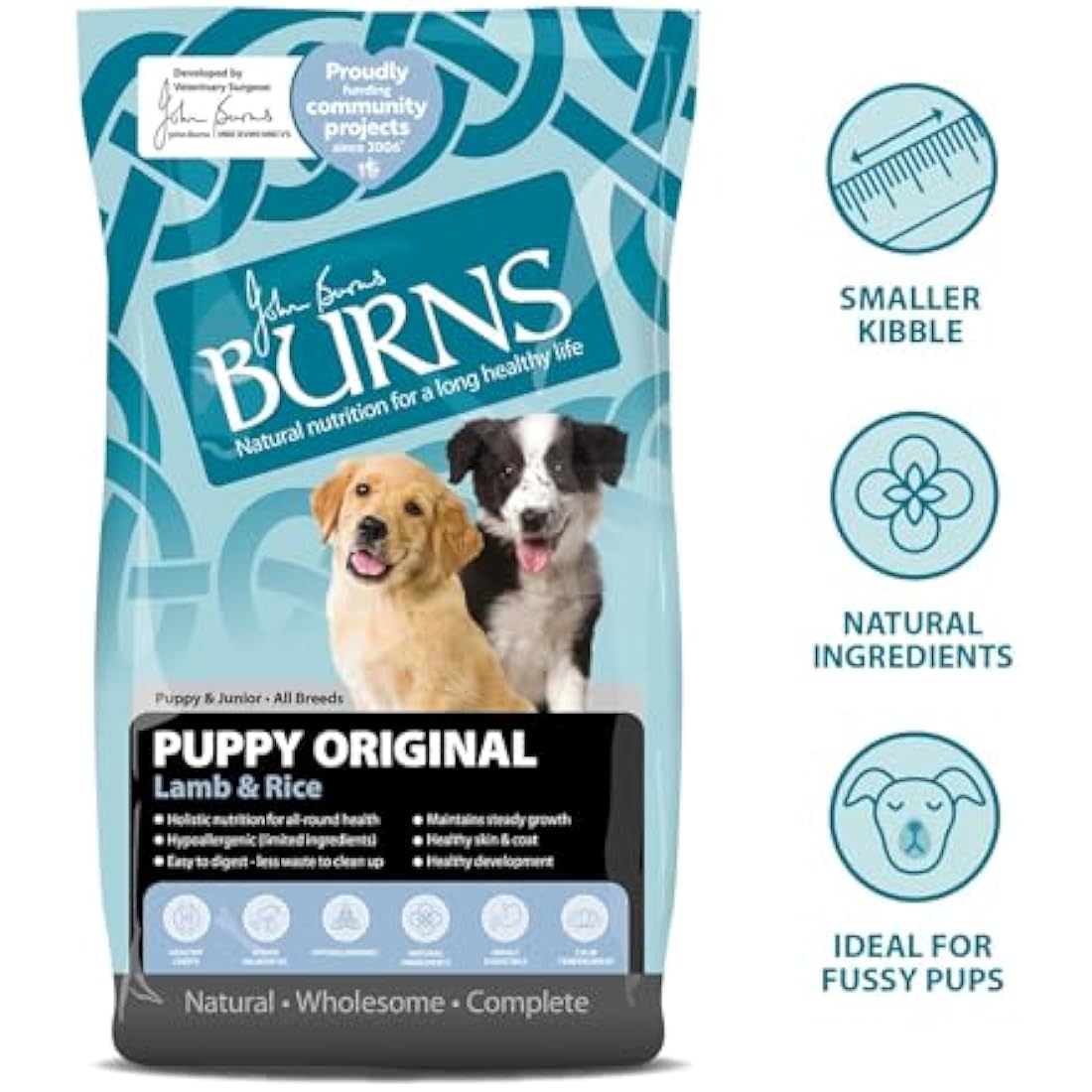 Burns Pet Nutrition Hypoallergenic Complete Dry Dog Food Puppy Original Lamb and Rice 2 kg