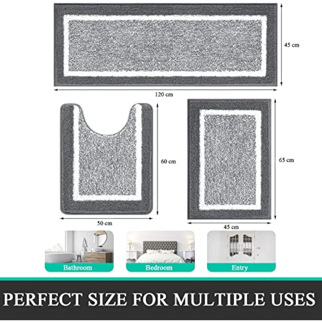 Pauwer Ultra Soft Bathroom Mat Sets 3 Piece Luxury Non Slip Absorbent Bath and Toilet Mat Set Machine Washable Bath Floor Rug Shower Rug, Dark Grey