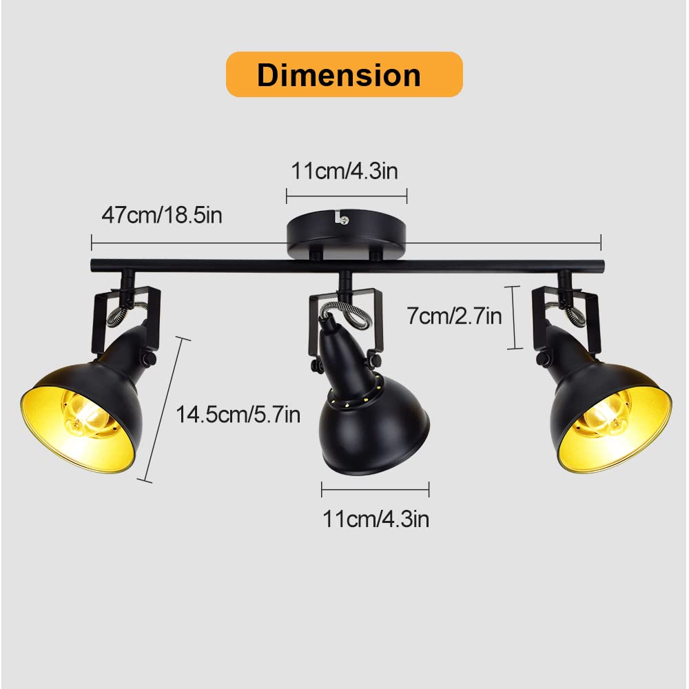 Depuley Retro 3 Way Swiveling Ceiling Spotlight, Kitchen Lights with 3 Trumpet-Shaped Shade, Black-Gold Metal Iron Cover, Rotatable Ceiling Lighting