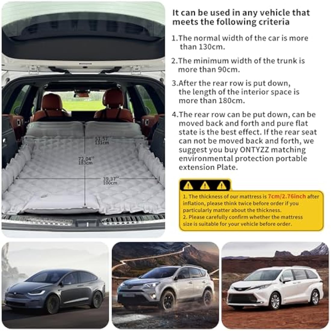 ONTYZZ Car Inflatable Bed Car Mattress SUV Air Mattress 2 Person Airbed for Travelling Camping Mat Self Inflating Sleeping Mats with Foot Pump & Cushion Inflatable Camping Bed 183 * 13 * 7CM