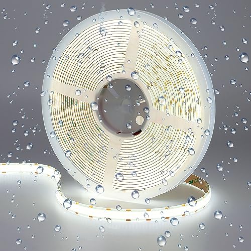 GOMING 32.8ft(10M) DC 24V Double Row COB LED Strip Light Cool White 6000K IP65 Waterproof 6000LEDs CRI 93+ 20000lm Uniform Glow Dotless Flexible LED