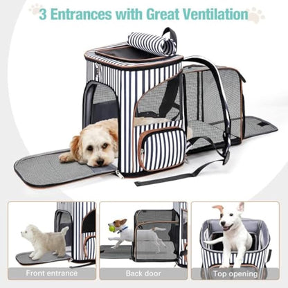 Lekesky Expandable Cat Carrier Backpack - Portable Breathable Rucksack for Medium and Small Cats & Dogs, Foldable with Inner Escape-proof Leash and Pet Mat, Supports 25 lbs (Striped)