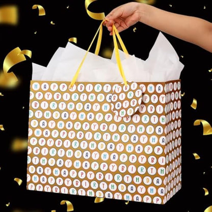Giiffu 16.5'' Extra Large Gift Bags for Birthday Party with Card and Tissue Paper (Pack of 2, Happy Birthday), Gold and White