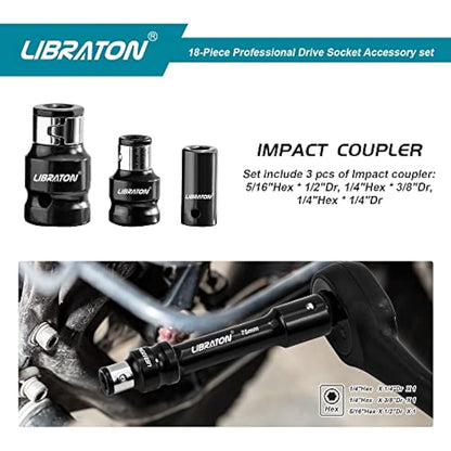 Libraton Extension Bars, 3/8 1/2 1/4 Extension Set, Spanner Extensions, with Socket Adapters, Socket Extensions, Universal Joints, Impact Coupler, Professional Socket Accessories, Cr-V