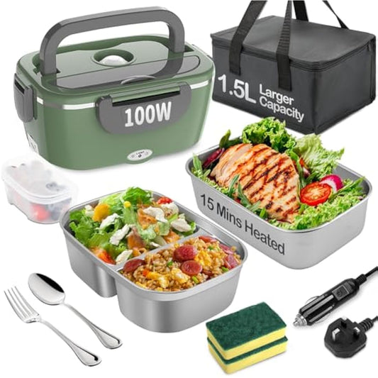 BYbrutek Electric Lunch Box 100W, 1.5L Removable Stainless Steel, 3-in-1 Portable Heated Lunch Box, 12V/24V/220V Insulated Heat Box for Car/Truck/Office/Home (Green, 1.5L)