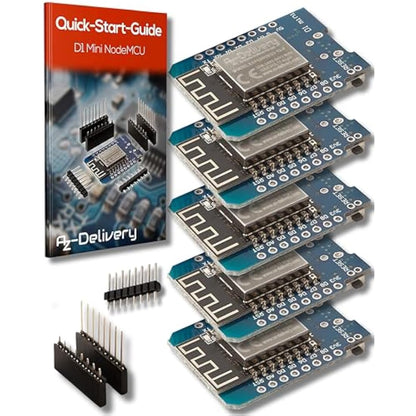 AZDelivery 5 x D1 Mini NodeMcu WiFi Board ESP8266-12F CH340G WLAN ESP8266 Micro USB Lua Module 3.3V 500mA compatible with Arduino Including E-Book!