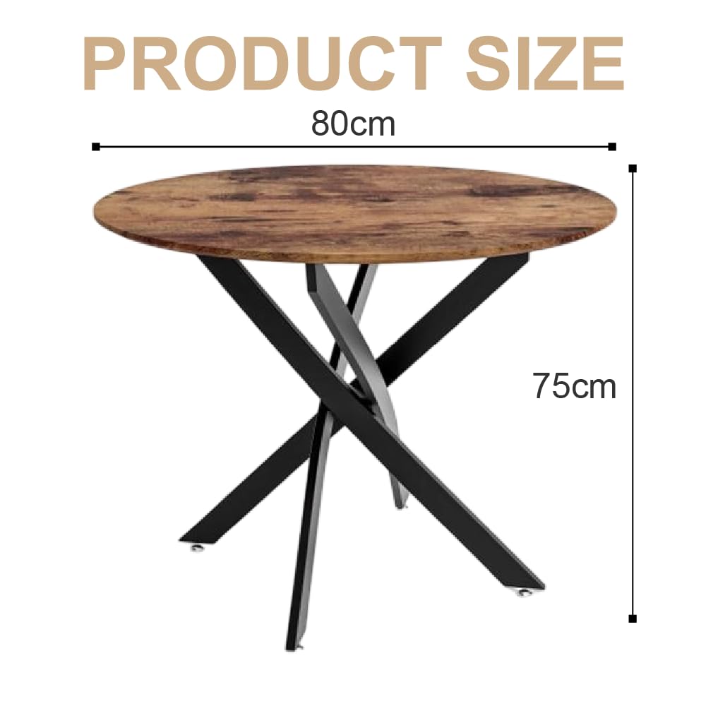 NIERN Round Dining Table 80cm, Space-Saving Wooden Kitchen Table for 2-4 People, Sturdy Black Metal Legs,Compact Dining Table for Small Spaces, Brown