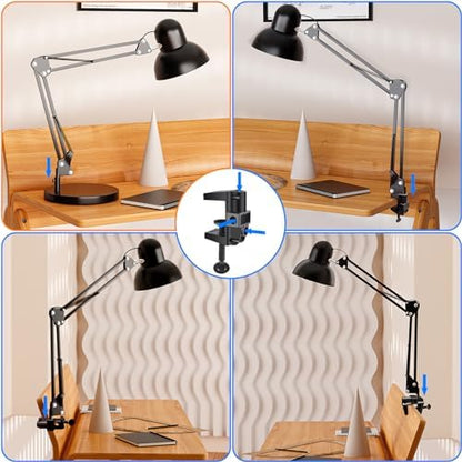 LONGTOO Bigger Table Lamp with E27 Screw Bulb, Flexible Clamp on Desk Light, Adjustable 65cm Swing Arm Light for Office, Bedside, Studying, and Reading
