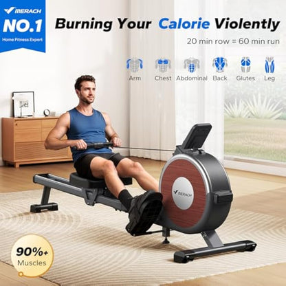 MERACH Rowing Machine for Home Gym, Magnetic Rower with 16 Levels of Quiet Resistance, Dual Slide Rails, 158 kg Weight Capacity, App Compatible