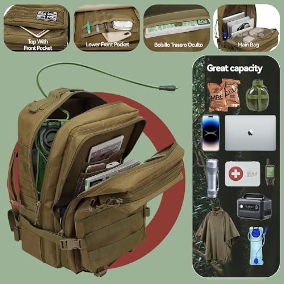 Delgeo 45L Military Tactical Backpacks Molle Army Assault Pack 3 Day Bug Out Bag Hiking Treeking Camouflage Hunting Rucksack