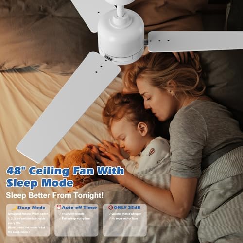 Newday 48 inch White Ceiling Fan with Lights and Remote Control, Quiet Ceiling Fan with Stepless Dimmable LED, Reversible DC Motor, 6 Speeds, 3 Timer, Memory Function for Bedroom Living Room Terrace