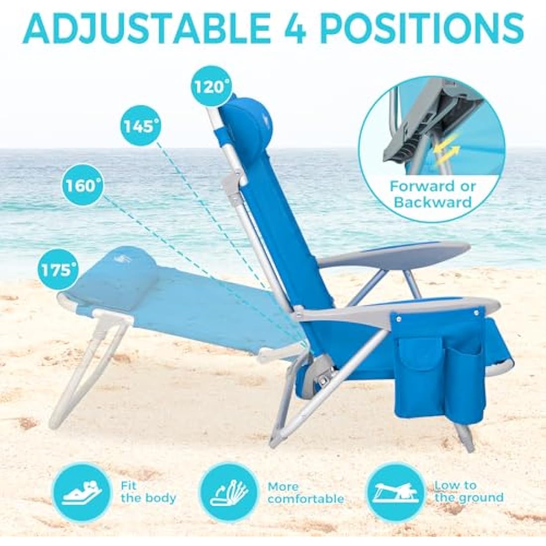 #WEJOY 4-Position Folding Beach Chair - Lightweight Aluminum Camping Chair for Adults, High Back Recliner with Pillow & Storage Pocket, Portable