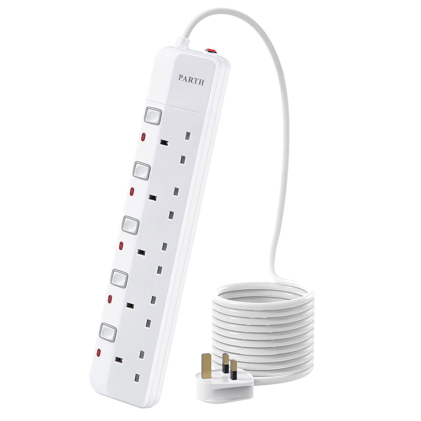 PARTH 3M Surge Protected Extension Lead With Switches 5 Way Sockets Extension Lead UK Power Strip With 3 Metre Extension Cord Wall Mounted 5 Gang Plug