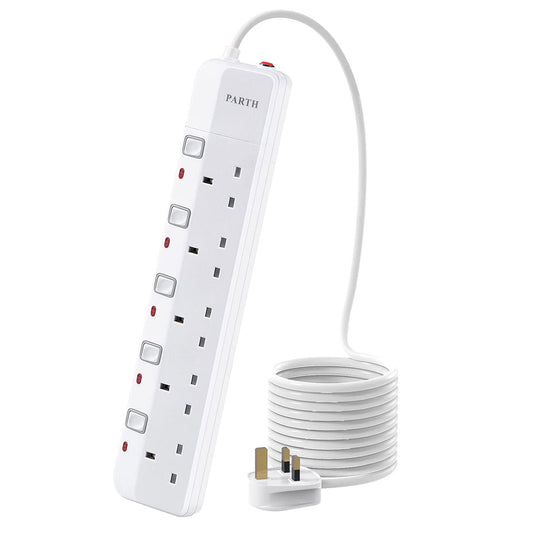 PARTH 5m Extension Lead with Switches Surge Protection UK Plug Extension 5 Metre Cable Extension Cord 5 Way Sockets Power Extension with Overload