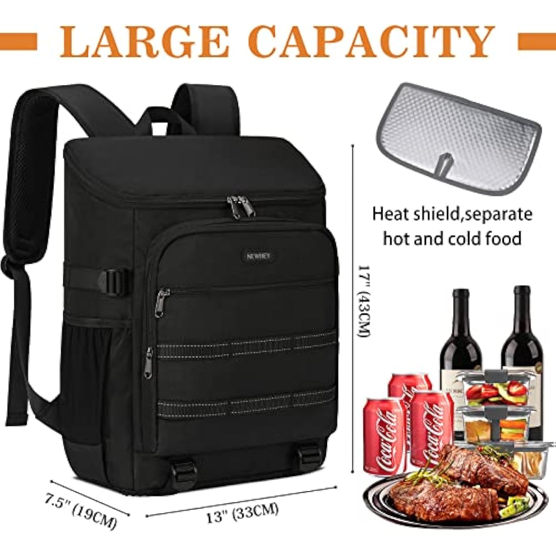 NEWHEY Cooler Bag Picnic Backpack Insulated Large Waterproof Cooler Backpack 30L Leakproof Picnic Linch Bag for Camping Picnic Hiking BBQ Beach Black
