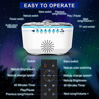 Bozhihong Galaxy Projector, Star Projector Night Light with Remote Control/Timer Function/Built-in Music, LED Projector Light with 8 Lighting Modes for Kids Adults Bedroom/Party/Gift (White)