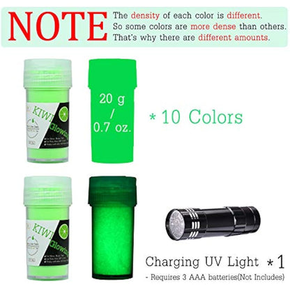 10 Colour Glow In The Dark Pigment Powder with UV Lamp - Epoxy Resin Luminous Powder Skin Safe Long Lasting Self Glowing Dye for DIY Nail Art,Acrylic Paint,Fine Art, 20g Each(Total 7oz)