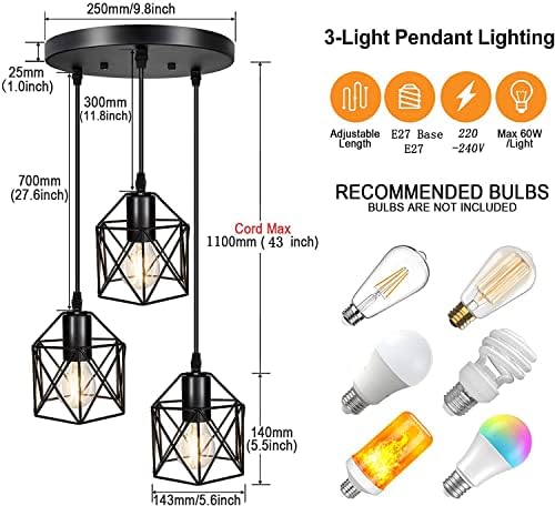 Vintage 3-Lights Ceiling Lamp Adjustable Hanging Pendant Lights Industrial Flush Mount Ceiling Lighting Fixture E27 Base Black Geometric Ceiling Hanging Lamp for Kitchen Dinning Room Hallway