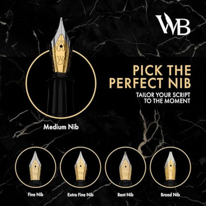Wordsworth & Black Fountain Pen Set, 18K Gilded Fine Nib, Includes 24 Pack Ink Cartridges, Ink Refill Converter & Gift Box, Gold Finish, Calligraphy, [Silver Chrome], Perfect for Men & Women
