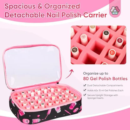 Saviland Nail Polish Organizer Bag: 33L Large Nail Bag Organizer Case Holds 80 Bottles (15ml/0.5 fl.oz) & Nail Lamp Travel Nail Kit Organizer Backpack Holder Nail Organizers and Storage for Nail Tech