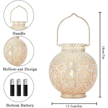 TRIROCKS Set of 2 Moroccan Style Metal Table Lamp 18cm H Battery Powered Cordless Lanterns with LED Fairy Lights Bulb Perfect for Home Living Room Parties Tabletop Indoors (White)