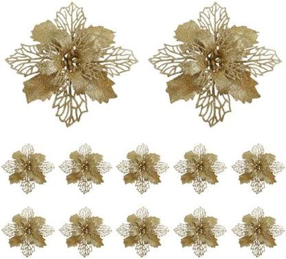12pcs Glitter Poinsettia Christmas Artificial Flowers Christmas Tree Floral Ornaments Decorations Xmas Tree Pendant Christmas Wreath Filler (Golden)