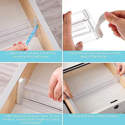 Yafe 6 Pack Drawer Dividers, Adjustable Drawer Organiser Divider(11.8"-19.7"), Extendable Plastic Drawer Dividers for Kitchen Bedroom Office Desk Dresser Cosmetic Clothing(Transparent)