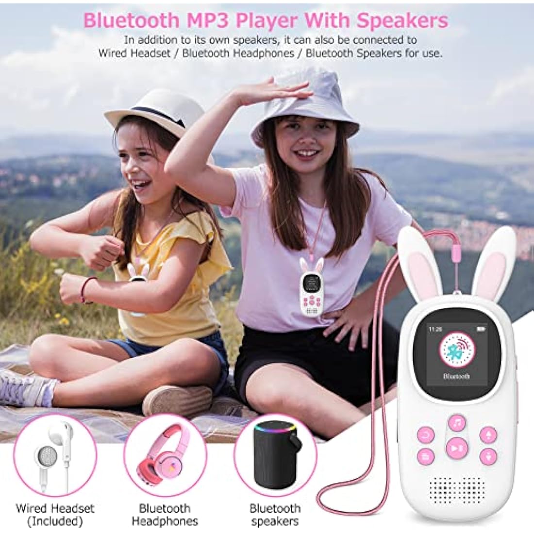 Cute Bunny Kids Music MP3 Player with Bluetooth, MP4 Player with Speaker, FM Radio, Alarm, Pedometer, Stopwatch, Supports up to 128GB