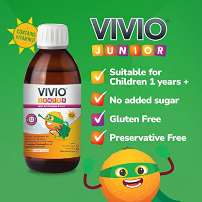 VIVIO Junior Multivitamin Tonic for Kids – 12 Added Vitamins Plus Zinc & Iodine to Support Your Child’s Immunity & Cognitive Function - Orange - 250ml