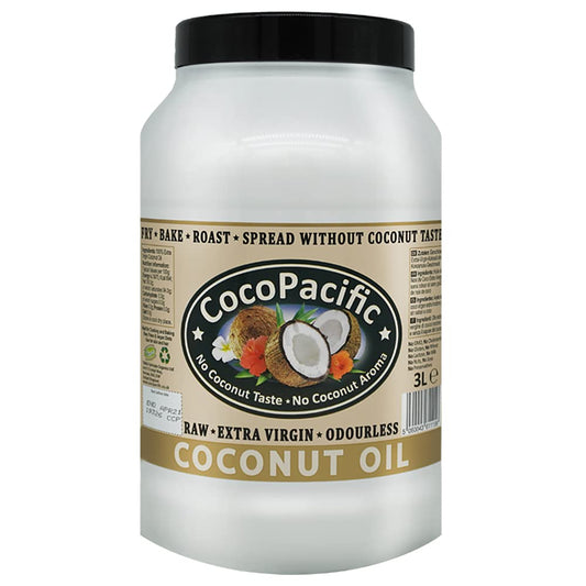 Raw Extra Virgin Odourless Coconut Oil 3L ? Cold Pressed & Unrefined Cooking Oil for Frying & Baking ? Vegan ? CocoPacific