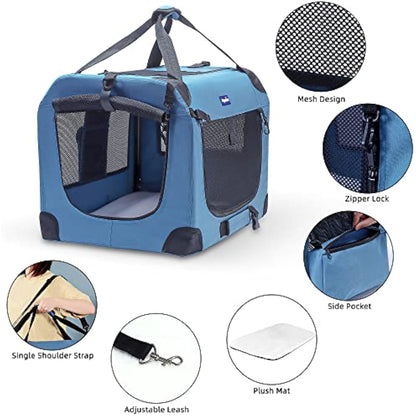 Petprsco Portable Collapsible Dog Crate, Travel Dog Crate 60x42x42cm with Soft Warm Blanket and Foldable Bowl for Large Cats & Small Dogs Indoor and Outdoor