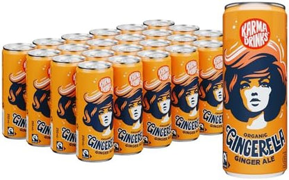 Karma Drinks Gingerella Ginger Ale (250ml x 24 Cans Soft Drink), Organic, Gluten Free Ginger Drink, Natural Ingredients, FairTrade, Vegan Friendly, No GMO, Carbonated Fizzy Drinks 24 Pack