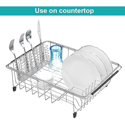 iPEGTOP Dish Sink Drainer, Dish Drying Rack Over Sink, Extendable Dish Drainer with Removable Cutlery Holder, Dish Rack in Sink or On Counter, Plate Rack Drainer for Kitchen