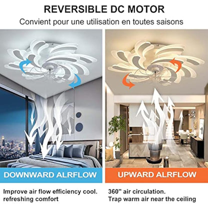 YUNZI LED 50W Ceiling Fan with Lamp, Quiet Fan Ceiling Light, Modern Dimmable Ceiling Fan Lighting for Living Room Dining Room Bedroom Kitchen, Adjustable 6 Speeds, White 80CM