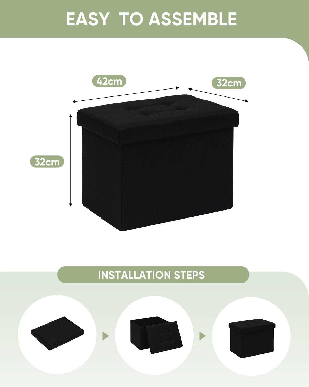 Bonlife Storage Ottoman, Folding Small Foot Rest,Toy Chest Storage Footrest Seat, Footstool for Living Room, Bedroom, Dorm, Fabric,Black,42x32x32cm