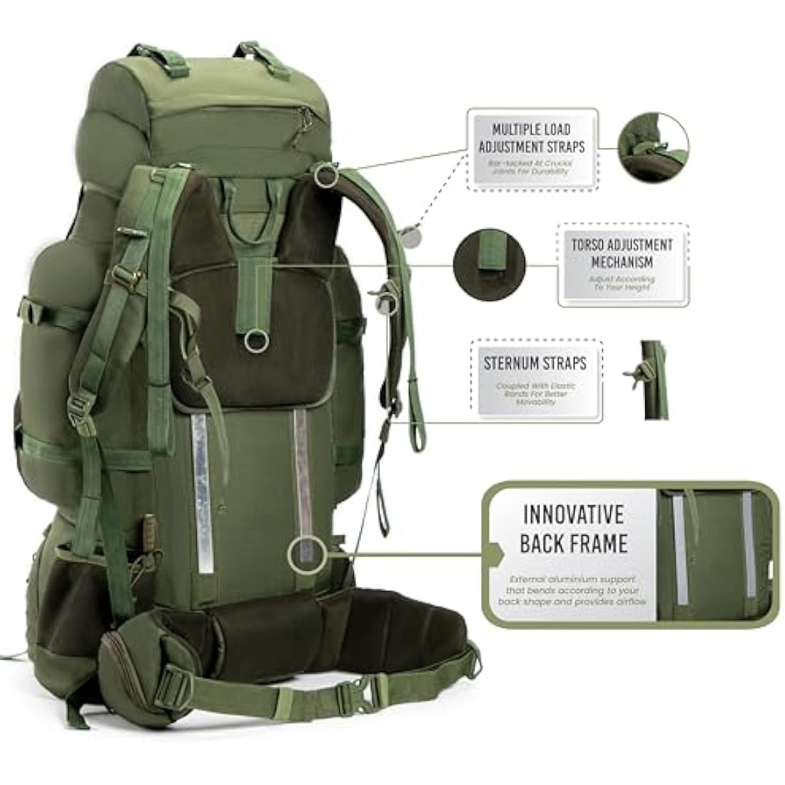 Tripole Colonel Pro Metal Frame Rucksack | Front Opening | Detachable Bag | Rain Cover (90 Litres, Army Green)