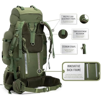 Tripole Colonel Pro Metal Frame Rucksack | Front Opening | Detachable Bag | Rain Cover (105 Litres, Army Green)