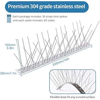 Bird Spikes for Pigeons Small Birds, Pigeon Spikes Kit Cover 6M (20 feet), Fence Spikes Stainless Steel Bird Deterrent Repellent Spikes for Cats, Birds Control Defence Spikes (18 Pack, Uninstalled)