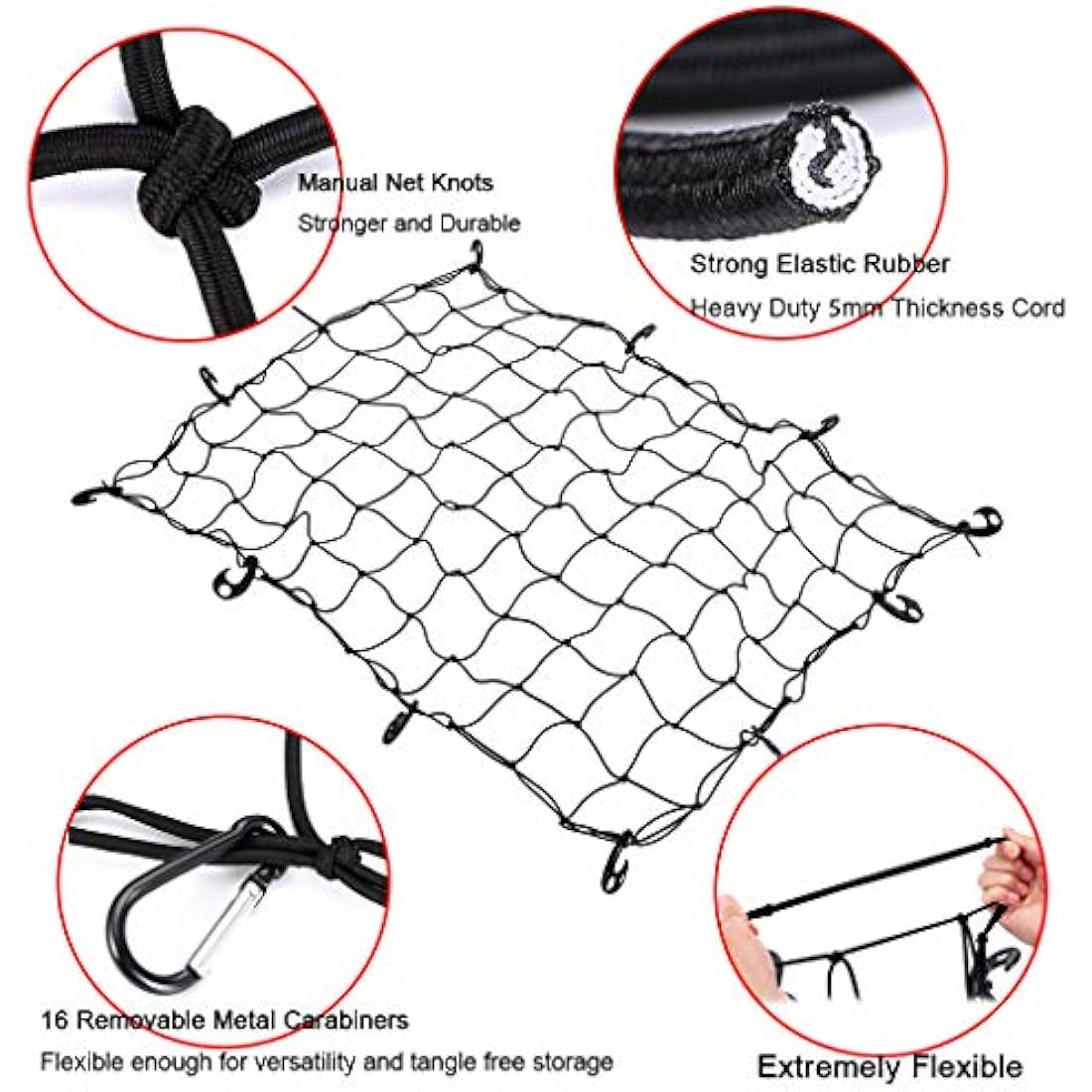 BTSKY 120x182cm to 244x366cm Heavy Duty Bungee Cargo Net with 16 Metal D Clip Carabiners and Tote - Large Capacity Roof Car Trunk Mesh, Travel Luggage Rack Elasticity Roof Luggage Carrier