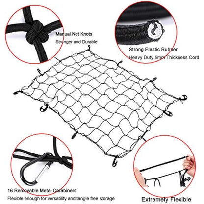 BTSKY 120x182cm to 244x366cm Heavy Duty Bungee Cargo Net with 16 Metal D Clip Carabiners and Tote - Large Capacity Roof Car Trunk Mesh, Travel Luggage Rack Elasticity Roof Luggage Carrier