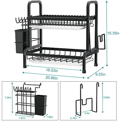 niffgaff 2 Tier Black Dish Drainer Rack, Stainless Steel Drying Rack Kitchen, Drainers Draining Board with Drip Tray, Rust Proof Large Washing Up Sink