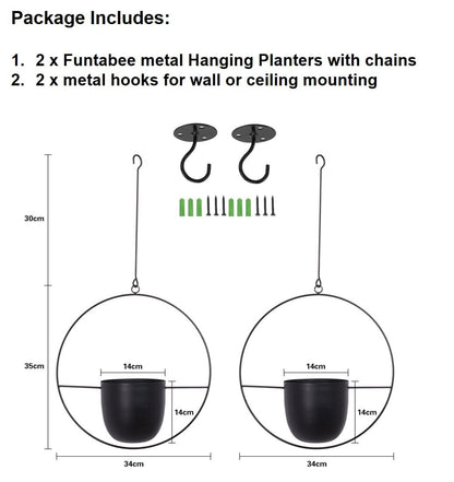 Funtabee 2-Pack Mid-century Modern Hanging Planter, Black Metal Wall Hanging Planter Indoor, Hanging Flower/Plant Pots, Metal Hanging Baskets/Plant