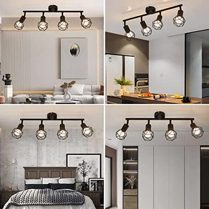 Spotlight Fitting, Retro Rotatable Ceiling Spotlight, Black Metal Iron Lampshade Ceiling Light, Adjustable Lamp for 4 E14 Bulb, Suitable for Living Room Bedroom Kitchen Loft Hallway