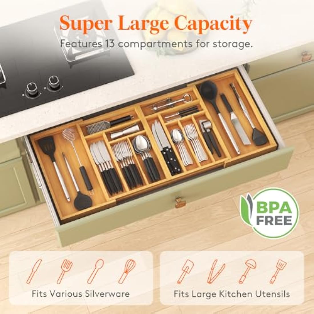 Lifewit Bamboo Extra Large Cutlery Drawer Organiser, Expandable to 36 Inches Cutlery Tray for Kitchen, Adjustable Silverware and Flatware Holder, Plastic Utensil Storage for Spoons Forks Knives