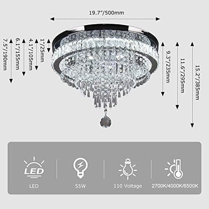 FRIXCHUR 19.7'' Crystal Chandelier Ceiling Light Living Room Modern Bedroom Chandeliers LED Flush Mount Light Fixture for Kitchen Hallway Bathroom with Remote Control (Stepless-Dimmable)
