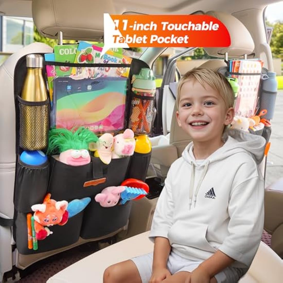 SURDOCA Car Organiser Car Seat Organiser - 4th Generation Enhanced Car Organiser Back Seat for up to 11-inch Tablet Holder, 8 Pockets, Kids Toy Storage, Water Proof Back Seat Protector for Kids