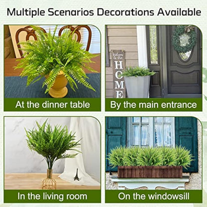 ToKinCen 12Pcs Artificial Fern Outdoor Faux Fern Plants Fake Boston Fern Plants Plastic Greenery Bushes Shrubs Bundles Patio Basket Pot Hanging Garden Planter Indoor Outside Decor