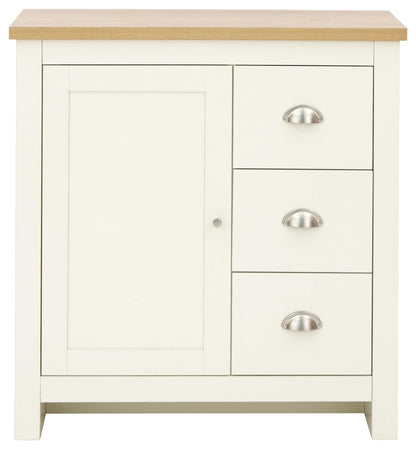 GFW Lancaster Multi Storage Unit, Cream and Oak Effect Cabinet with 1 Door and 3 Drawers, Country Cottage Living Room and Dining Room Furniture