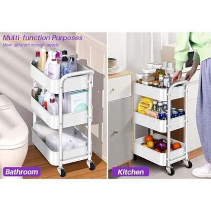 MISSLO Utility Cart 3 Tier Rolling Cart with Wheels and Handle, Under Desk 27" Height Small Metal Storage Trolley Organizer Rack Shelf, Mobile Book Art Cart for Office, Kitchen, Bathroom (White)