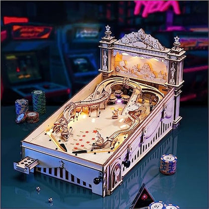 ROBOTIME 3D Pinball Machine Puzzle, Amusing Table Game, Mechanical Wooden Model Building Kits for Adult, Christmas Birthday Gifts and 14+ Teens
